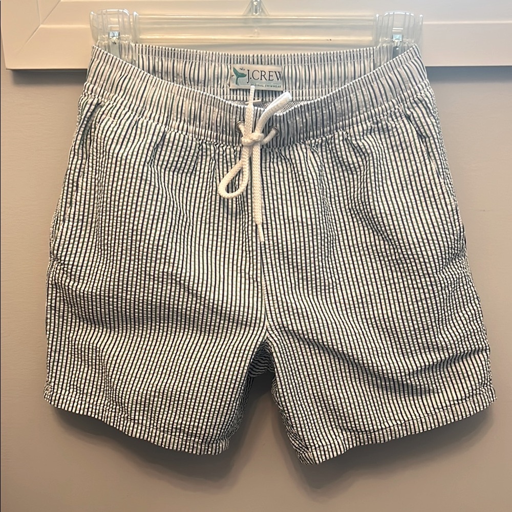 JCrew XS men’s seersucker bathing suit white blue green stripe 6”inseam